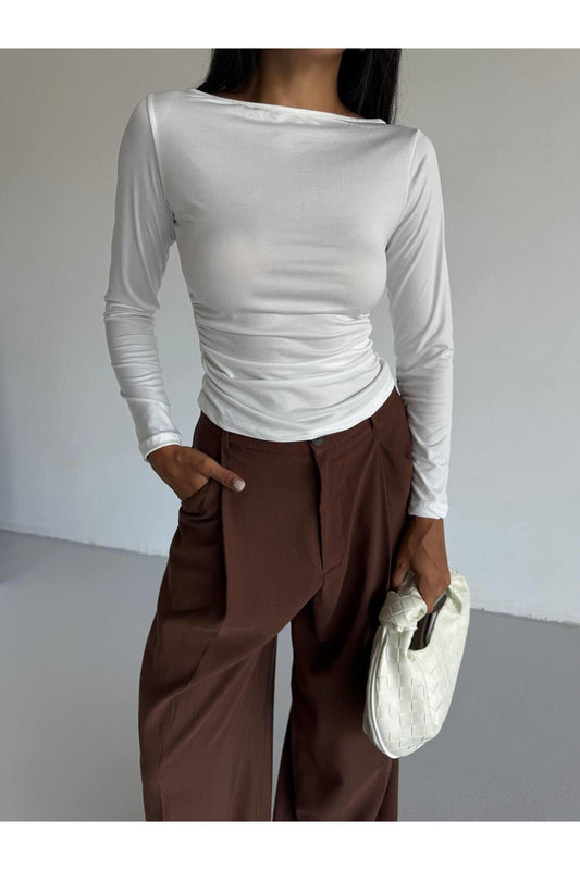 Body-Hugging Long-Sleeved Blouse - White