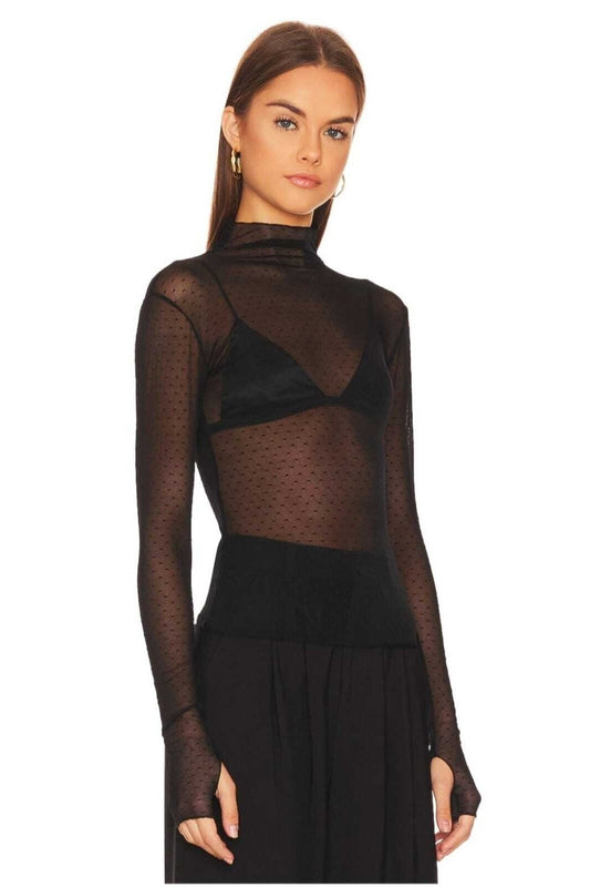 Bodycon Polka Dot Turtleneck Thumbhole Blouse - Black