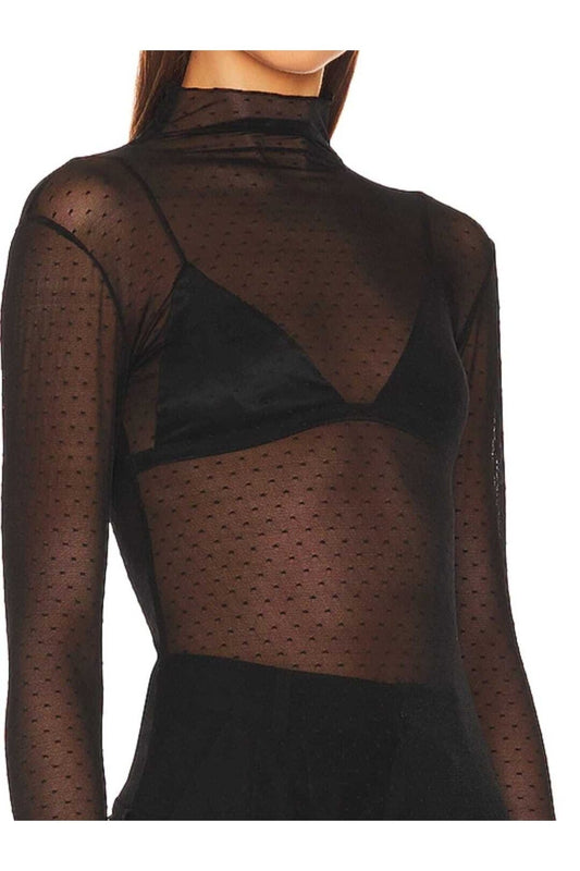 Bodycon Polka Dot Turtleneck Thumbhole Blouse - Black
