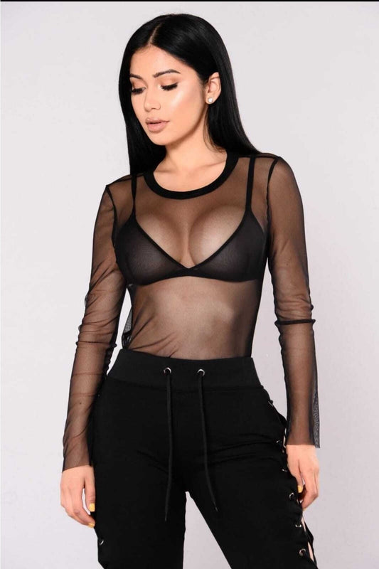 Bodycon Tulle Lycra Crew Neck Blouse - Black