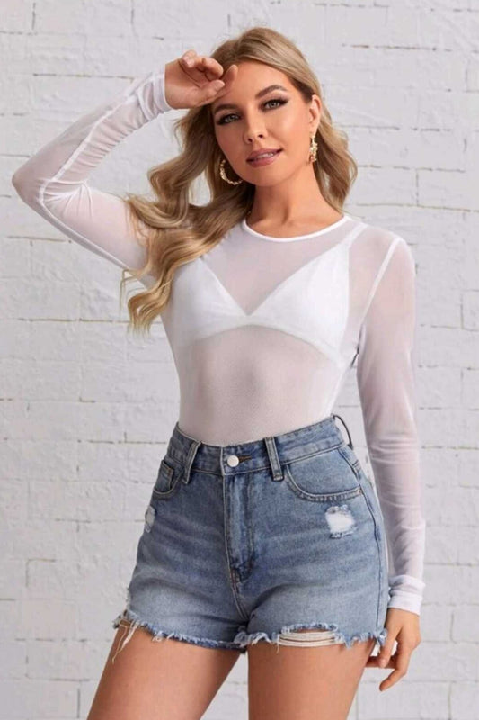 Bodycon Tulle Lycra Crew Neck Blouse - White
