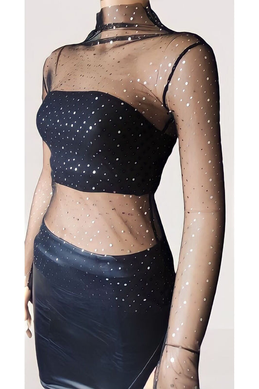 Bodycon Turtleneck Polka Dot Stretchy Tulle Blouse - Black Rhinestone Thumbhole