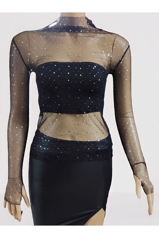 Bodycon Turtleneck Polka Dot Stretchy Tulle Blouse - Black Rhinestone Thumbhole