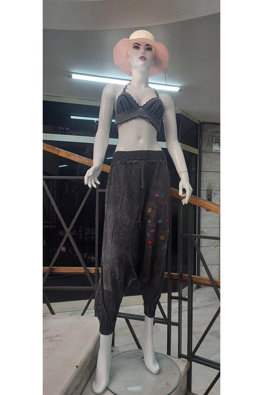 Boho Tie-Waist Floral Embroidered Harem Pants - Anthracite