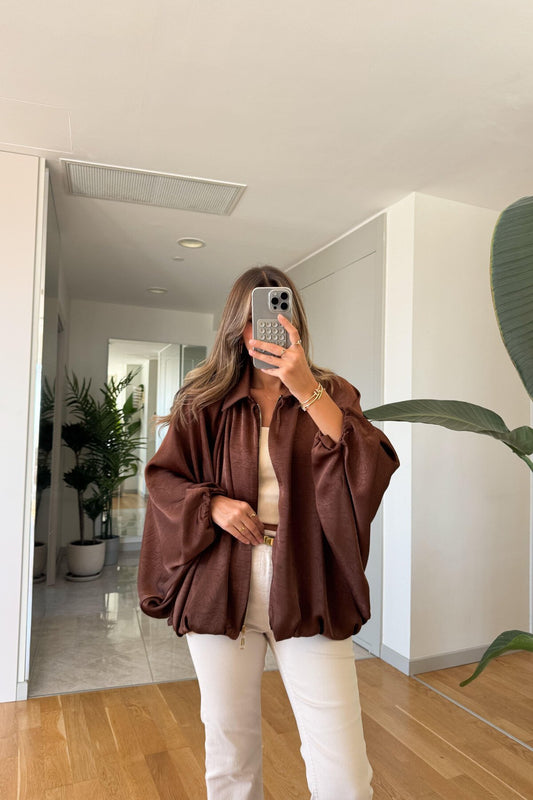 Bomber Batwing Sleeve Satin Zippered Jacket - Brown
