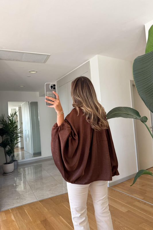 Bomber Batwing Sleeve Satin Zippered Jacket - Brown