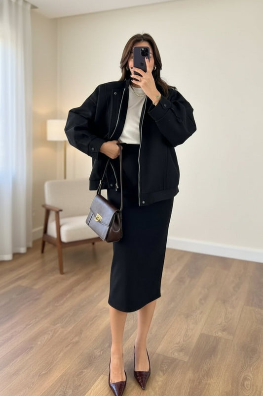 Bomber Melton Cashmere Zipped Set - Black