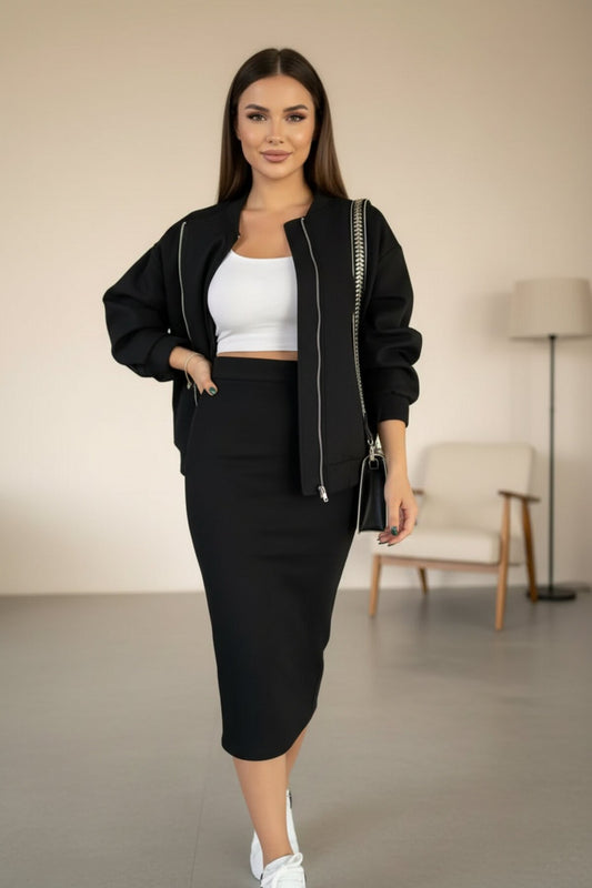 Bomber Melton Cashmere Zipped Set - Black
