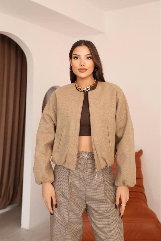 Bomber Melton Elasticated Waist Jacket - Beige