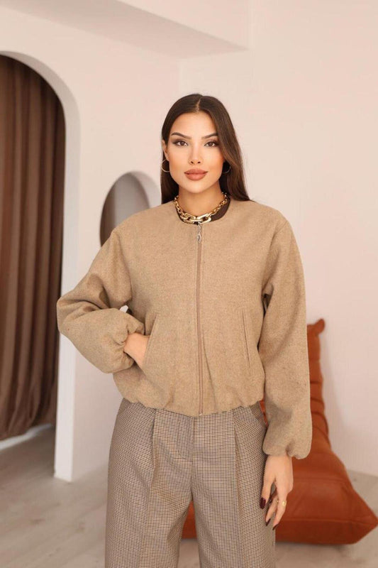 Bomber Melton Elasticated Waist Jacket - Beige