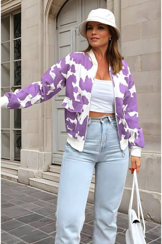 Bomber Patterned Gabardine Jacket - Purple