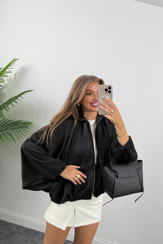 Bomber Premium Satin Batwing Sleeve Jacket - Black