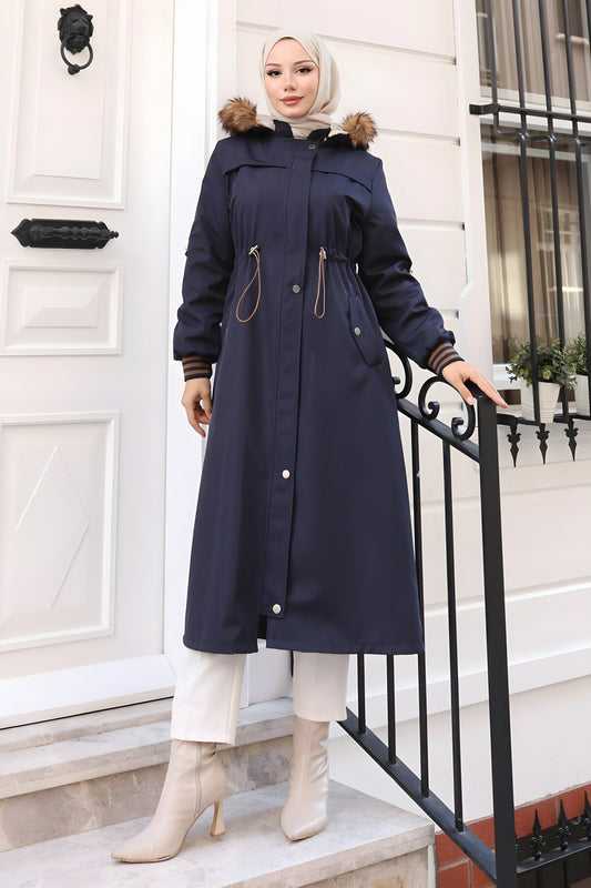 Bonded Fur-Lined Coat - Navy
