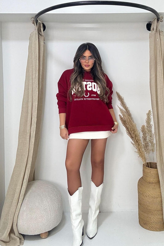 Boston Fur Lettering Detail Sweatshirt - Burgundy