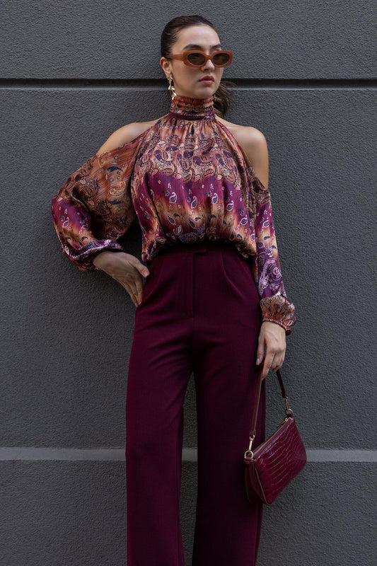 Brick Patterned Chiffon Stand Collar Shoulder Cutout Blouse