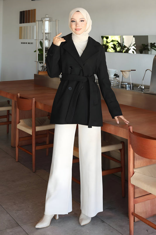 Button Detail Melton Wool Winter Coat - Black