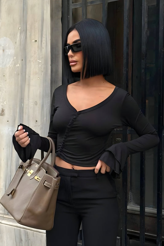 Chic Bell Sleeve Button-Detail Blouse - Black