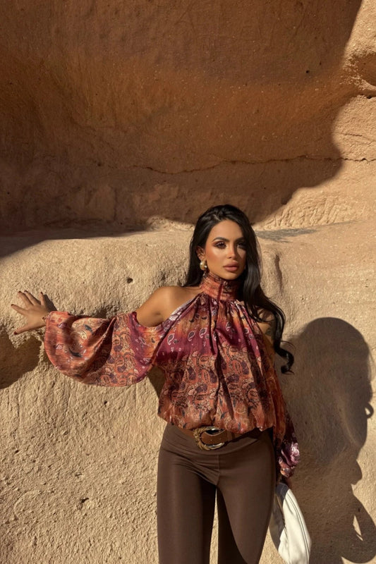 Chiffon Patterned Stand Collar Shoulder Cutout Blouse - Orange