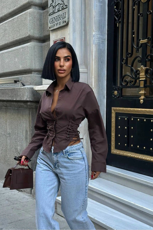 Corset Fit Side-Laced Shirt - Brown