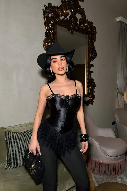 Corset Look Premium Lace Detail Crop Top - Black