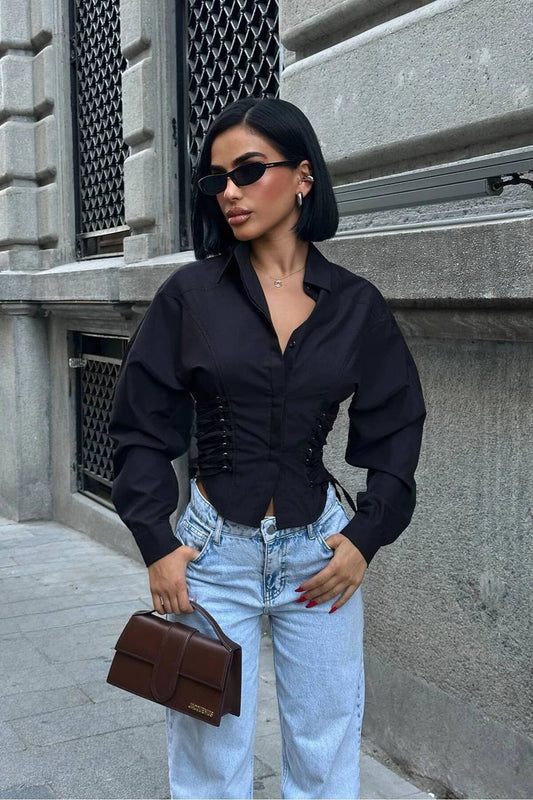 Corset Style Side-Laced Shirt - Black
