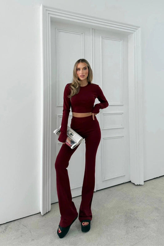 Crew Neck Thumb Hole Blouse and Leggings Set - Burgundy