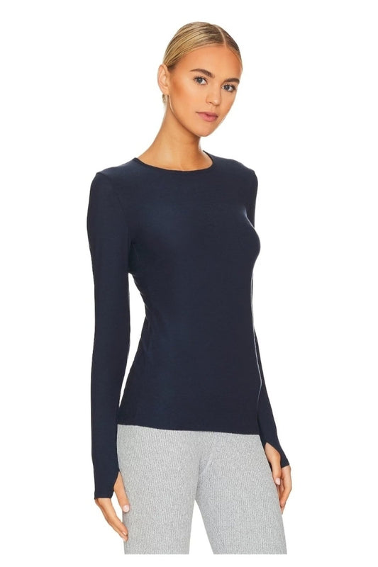 Crew Neck Thumb Hole Blouse - Navy