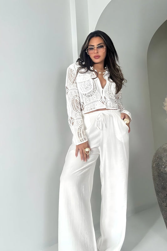 Crinkle Shirred Elastic Waist Pants - Ecru