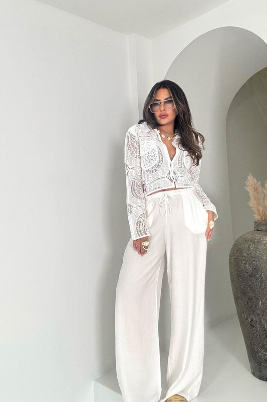 Crinkle Shirred Elastic Waist Pants - Ecru