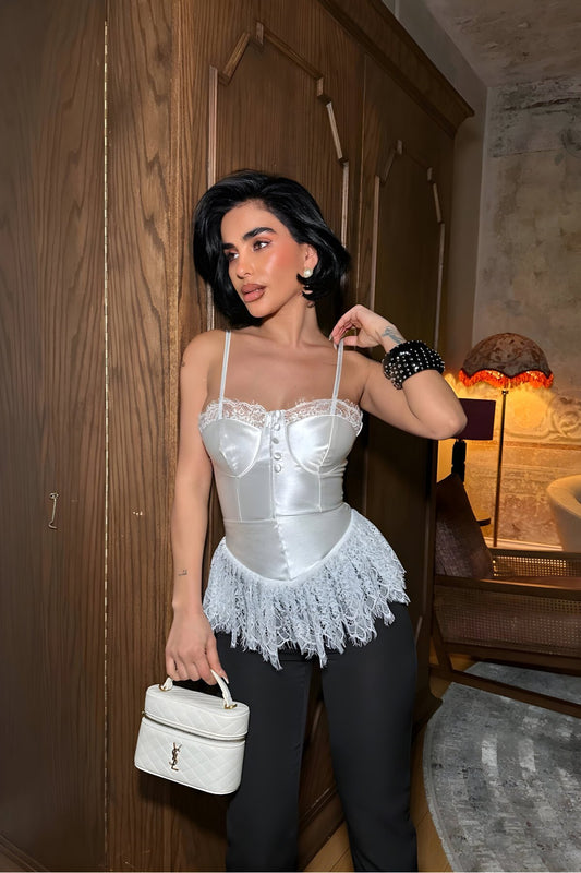 Crop Corset-Look Lace-Detail Blouse - White