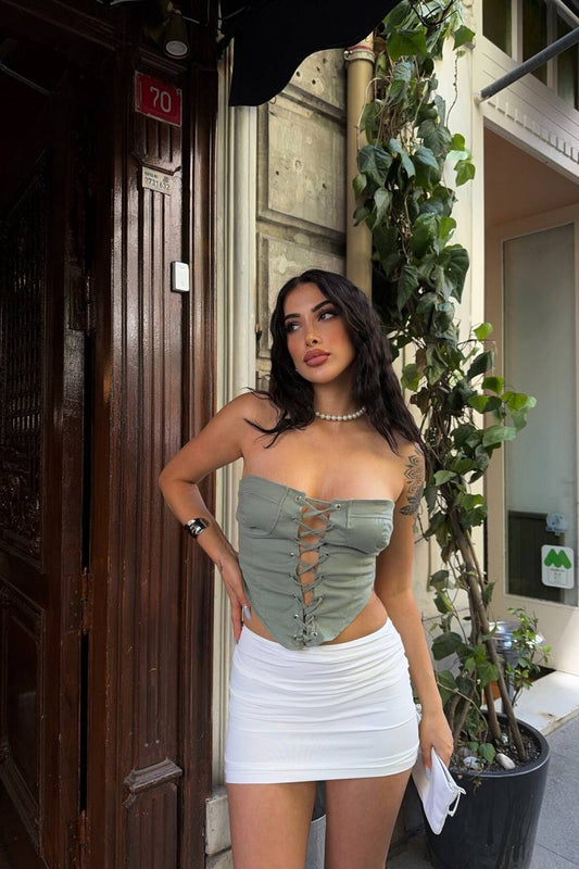 Crop Criss-Cross Tie Cup Detail Top - Swamp Green