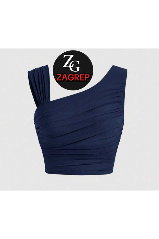 Crop Draped Shirred Sleeve Shoulder-Detail Bustier - Navy Blue