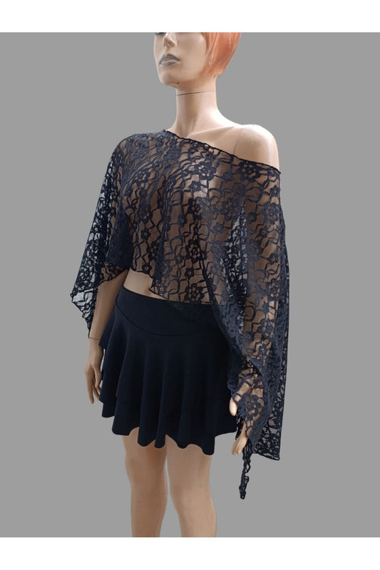 Crop Flowy Lace Batwing Sleeve Blouse - Black