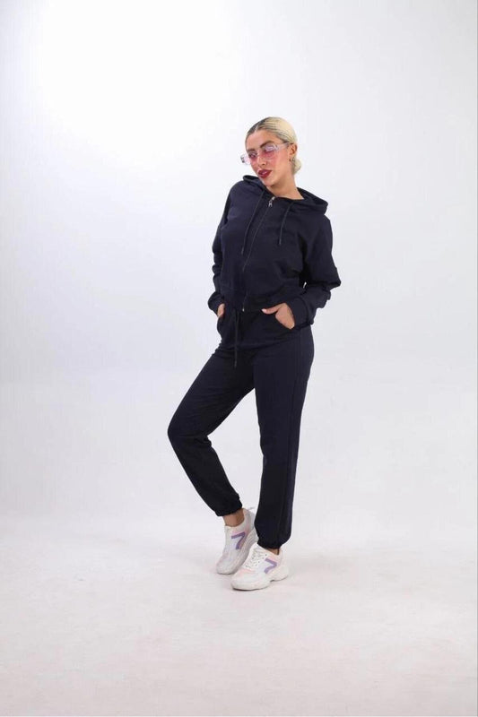 Crop Oversize Knit Hooded Zip-Up Tracksuit Set - Navy Blue