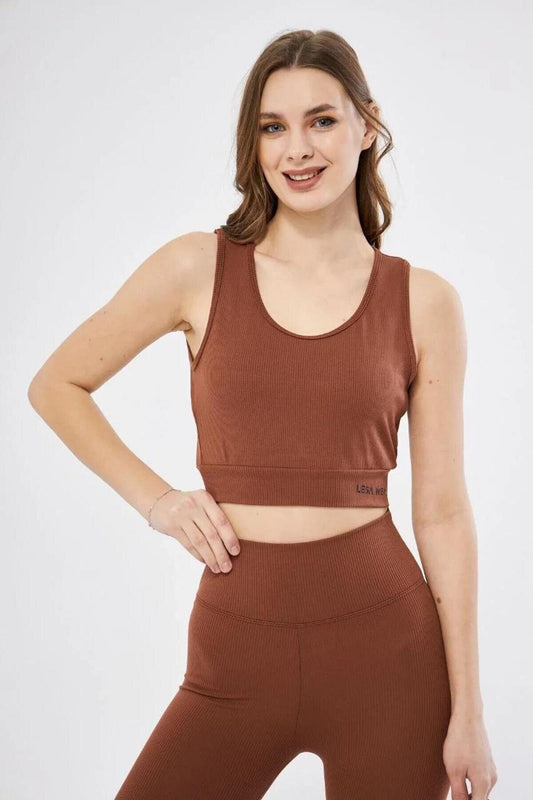 Crop Printed Ribbed Top - Brown