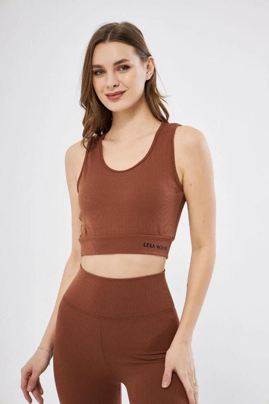 Crop Printed Ribbed Top - Brown