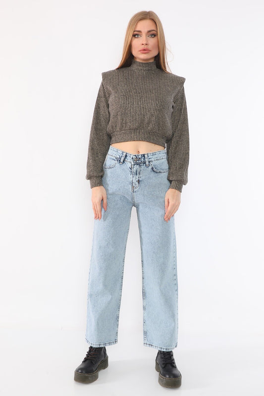 Crop Relaxed Fit Thick Ribbed Mock Neck Sweatshirt - Brown