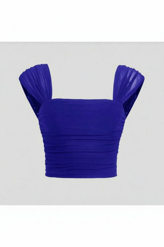 Crop Ruched Draped Sleeve Silk Jersey Bustier - Saxe Blue