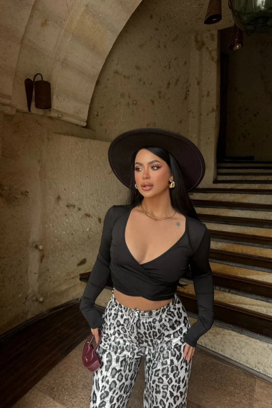 Crop Scuba Crossover Collar Blouse - Black