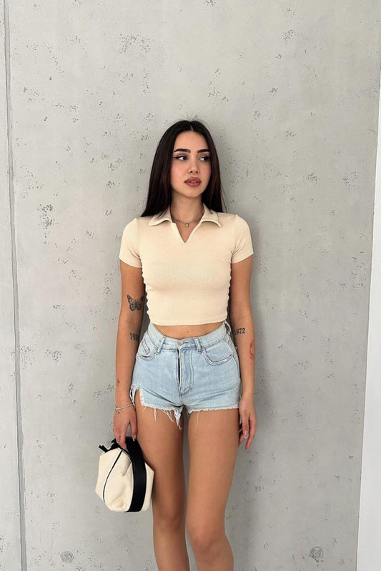 Crop Short-Sleeved Polo Collar Blouse - Cream