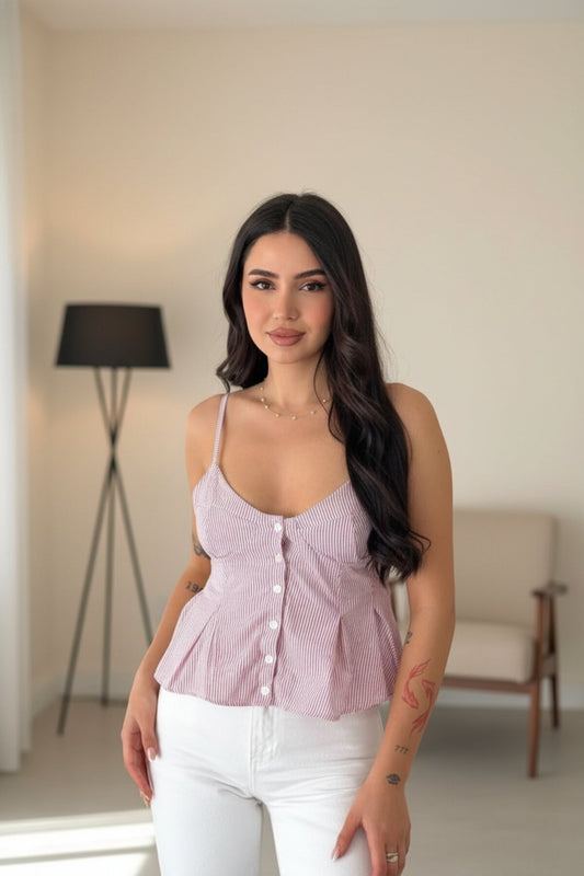 Crop Strapped Low-Cut Detail Blouse - Red