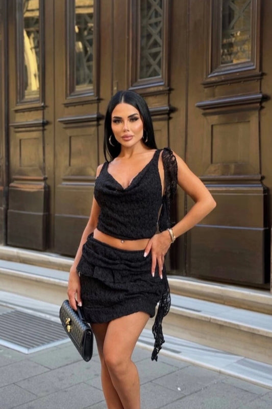 Crop Tiered Skirt Belt-Detail Two-Piece Set - Black