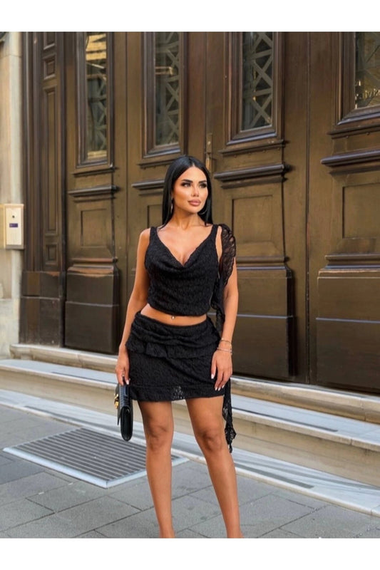 Crop Tiered Skirt Belt-Detail Two-Piece Set - Black