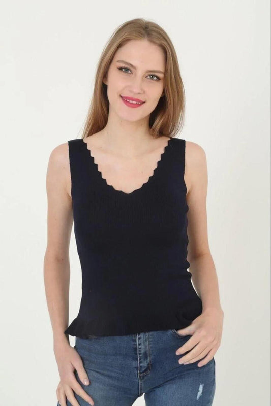 Crop V-Neck Ruffle-Detail Blouse - Black