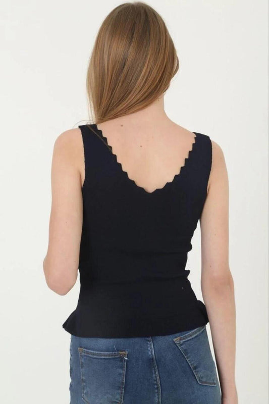 Crop V-Neck Ruffle-Detail Blouse - Black
