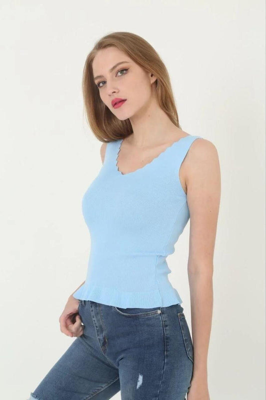 Crop V-Neck Ruffle Detail Blouse - Blue