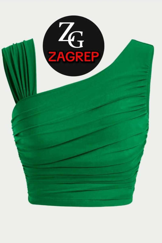 Cropped Draped Ruched-Sleeve Shoulder-Detail Bustier - Benetton Green