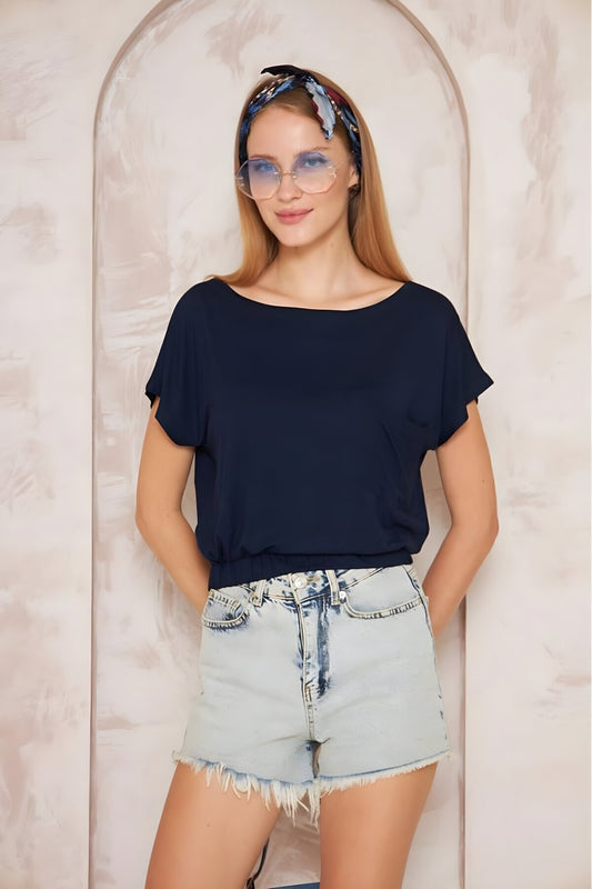 Cropped Elasticated-Hem Blouse - Navy