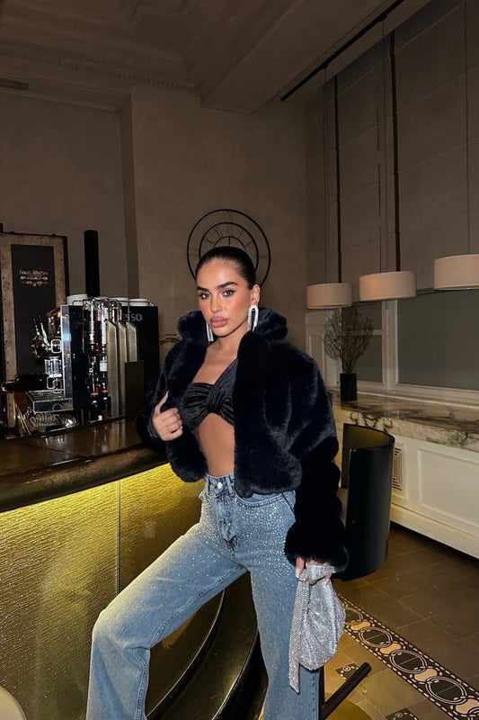 Cropped Fur Jacket - Black