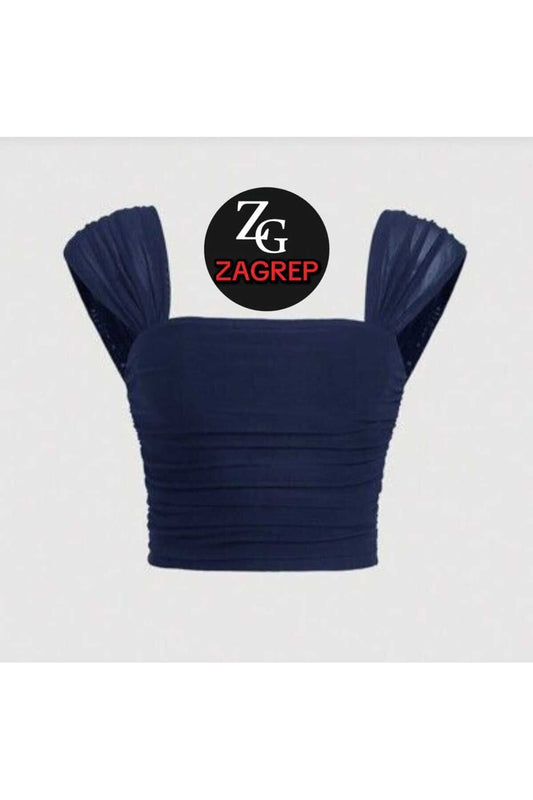 Cropped Gathered Draped Sleeved Silk Jersey Bustier - Navy Blue